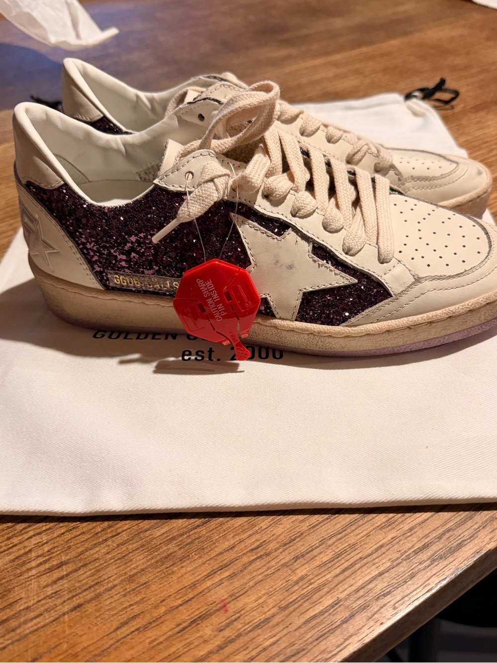 Golden Goose BallStar Low-Top Sneakers in Cream & Plum Glitter - Picture 5 of 14